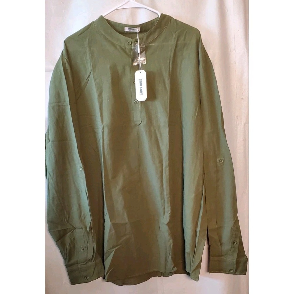 Coofandy men's shirt Tunic long sleeve 3XL Olive Green‎ Cotton Hemp